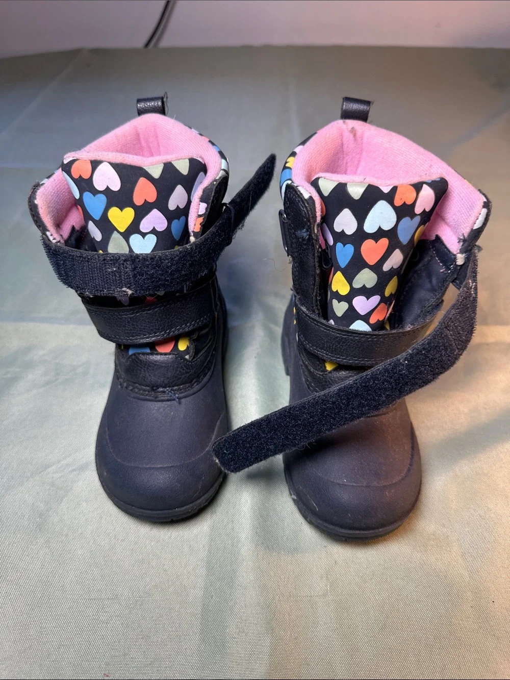 Carter's Black Boots with Multicolor Heart Tongue and Pink Lining
